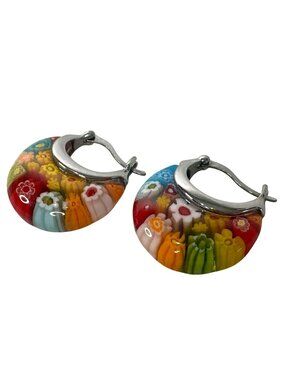 Colorful Millefiori Glass & Stainless Steel Hoop Crescent Earrings Floral 1"